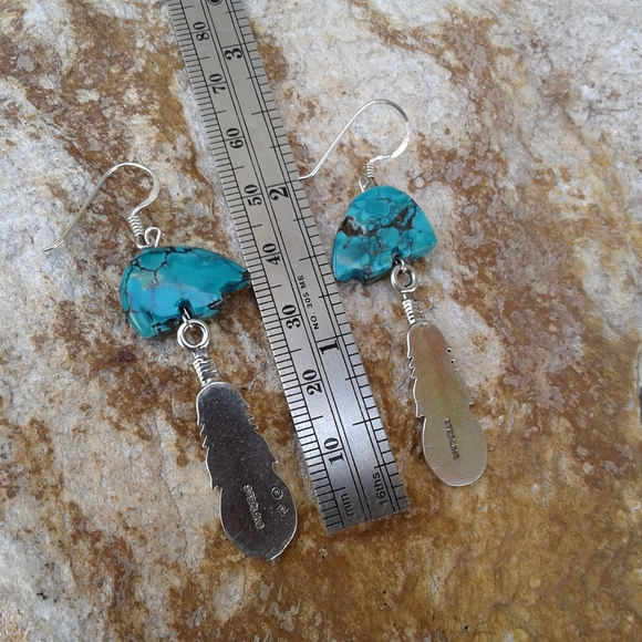 Sterling Silver Turquoise Bear Feather Earrings - Picture 3 of 7
